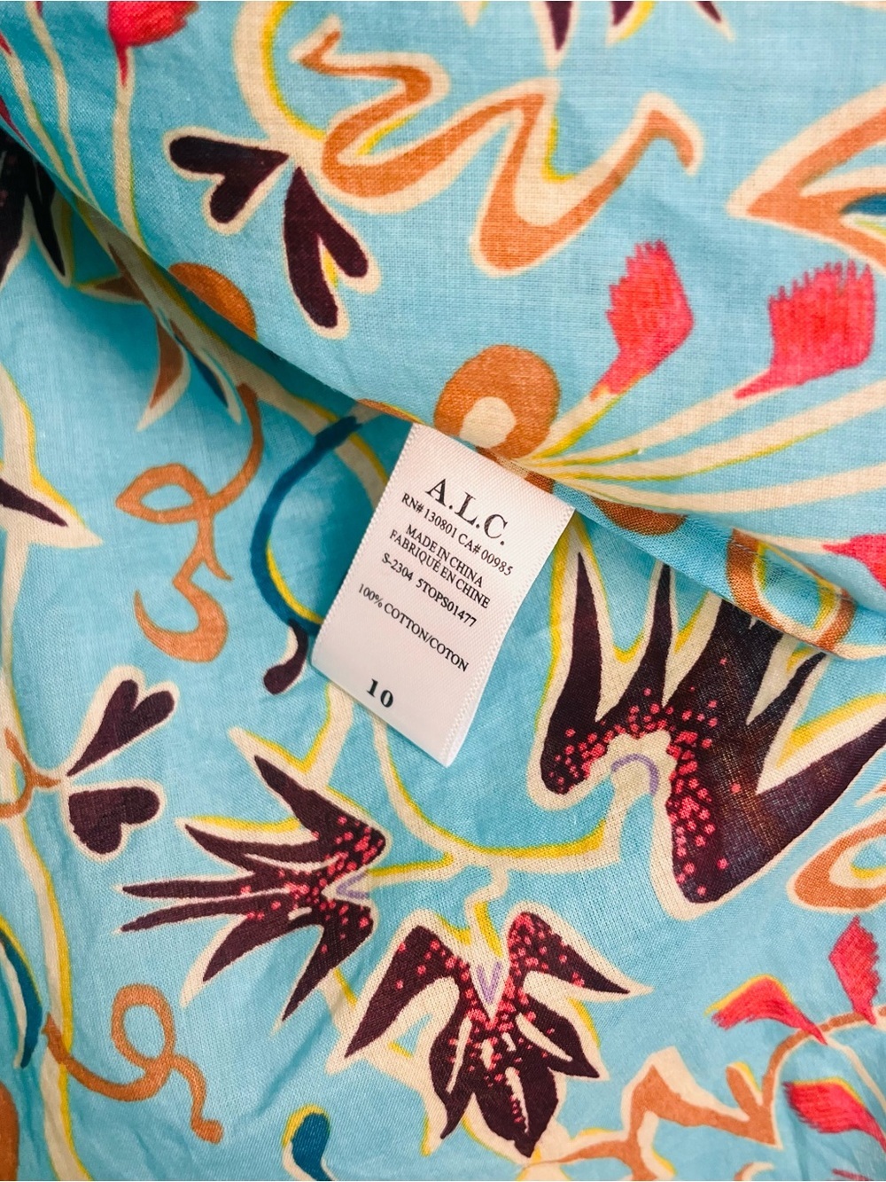 A.L.C. Size 10 Capri Aqua Blue Floral Long Sleeve Popover Blouse Top - Picture 5 of 6